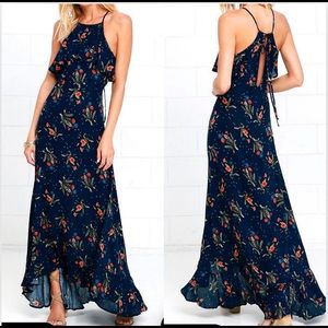 Lulus Navy blue floral print maxi dress (M)